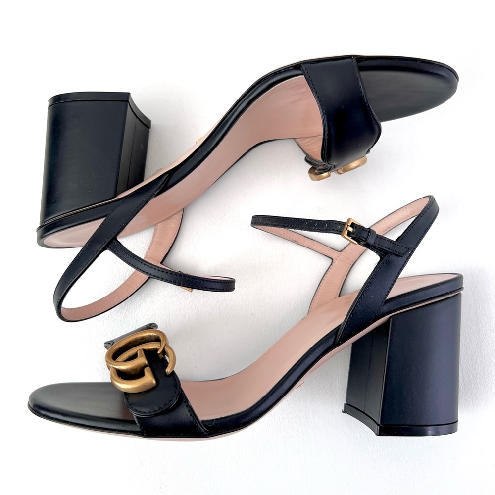 GUCCI | Marmont Double GG Black Leather Mid Heel Block Sandal EU 37.5 US 7.5 - Picture 8 of 14